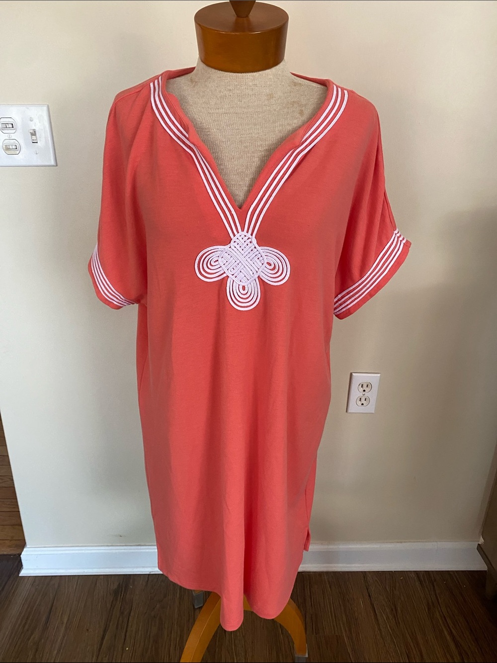 Cabana Life embroidered coral t-shirt dress swimsuit cover up. Size L